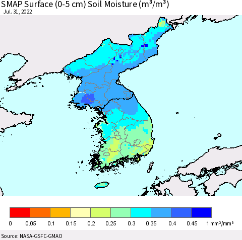 Korea SMAP Surface (0-5 cm) Soil Moisture (m³/m³) Thematic Map For 7/26/2022 - 7/31/2022