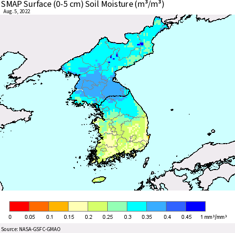 Korea SMAP Surface (0-5 cm) Soil Moisture (m³/m³) Thematic Map For 8/1/2022 - 8/5/2022