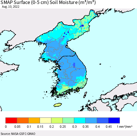 Korea SMAP Surface (0-5 cm) Soil Moisture (m³/m³) Thematic Map For 8/6/2022 - 8/10/2022