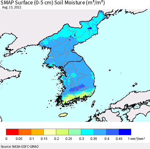 Korea SMAP Surface (0-5 cm) Soil Moisture (m³/m³) Thematic Map For 8/11/2022 - 8/15/2022