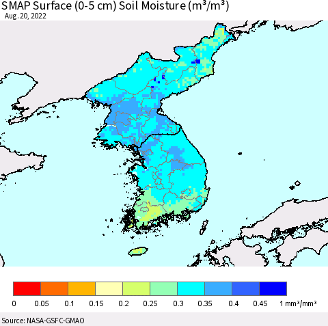 Korea SMAP Surface (0-5 cm) Soil Moisture (m³/m³) Thematic Map For 8/16/2022 - 8/20/2022