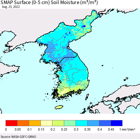 Korea SMAP Surface (0-5 cm) Soil Moisture (m³/m³) Thematic Map For 8/21/2022 - 8/25/2022