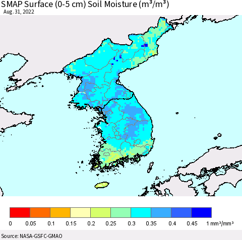Korea SMAP Surface (0-5 cm) Soil Moisture (m³/m³) Thematic Map For 8/26/2022 - 8/31/2022