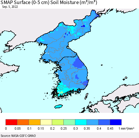 Korea SMAP Surface (0-5 cm) Soil Moisture (m³/m³) Thematic Map For 9/1/2022 - 9/5/2022