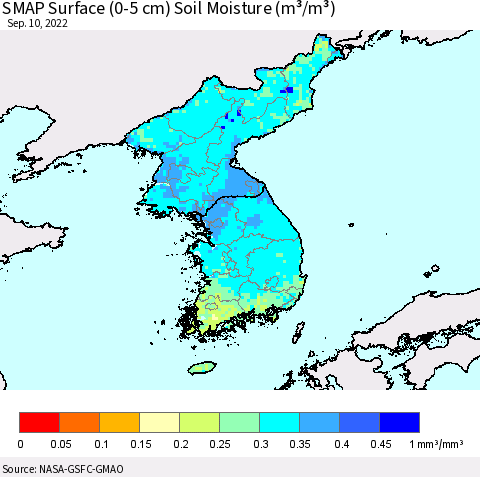 Korea SMAP Surface (0-5 cm) Soil Moisture (m³/m³) Thematic Map For 9/6/2022 - 9/10/2022