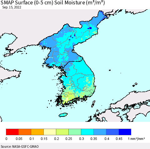 Korea SMAP Surface (0-5 cm) Soil Moisture (m³/m³) Thematic Map For 9/11/2022 - 9/15/2022