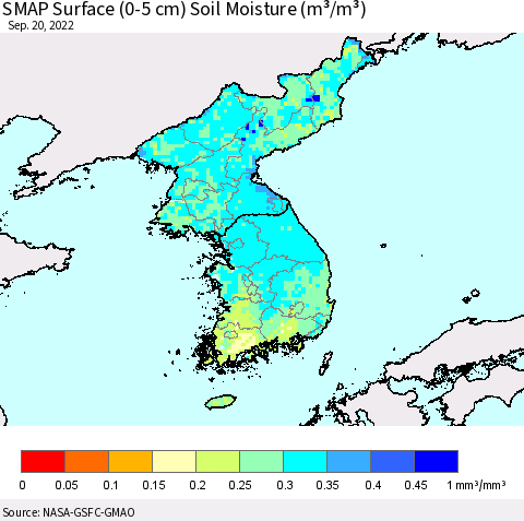Korea SMAP Surface (0-5 cm) Soil Moisture (m³/m³) Thematic Map For 9/16/2022 - 9/20/2022