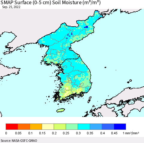 Korea SMAP Surface (0-5 cm) Soil Moisture (m³/m³) Thematic Map For 9/21/2022 - 9/25/2022