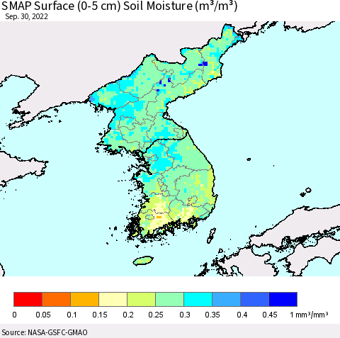 Korea SMAP Surface (0-5 cm) Soil Moisture (m³/m³) Thematic Map For 9/26/2022 - 9/30/2022