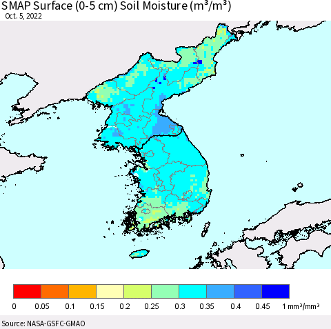 Korea SMAP Surface (0-5 cm) Soil Moisture (m³/m³) Thematic Map For 10/1/2022 - 10/5/2022