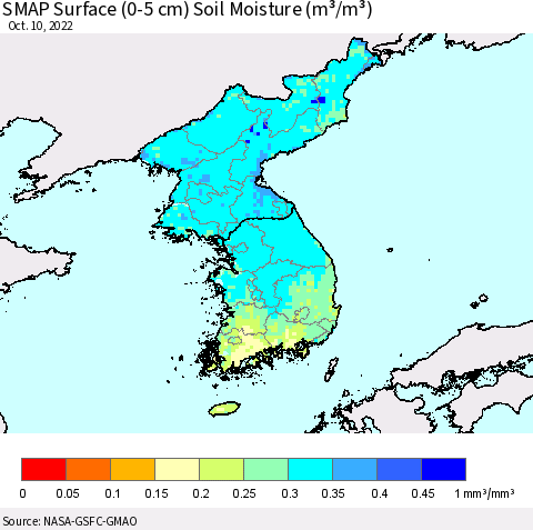 Korea SMAP Surface (0-5 cm) Soil Moisture (m³/m³) Thematic Map For 10/6/2022 - 10/10/2022