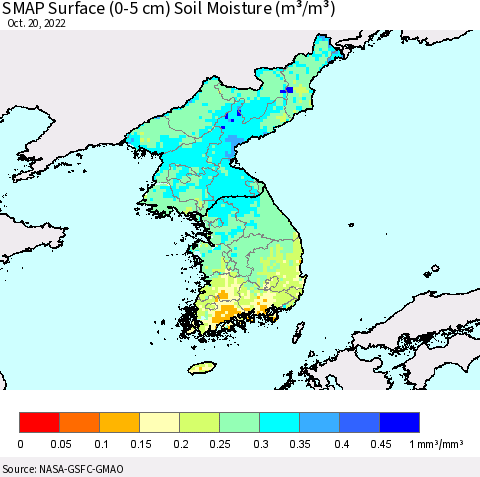 Korea SMAP Surface (0-5 cm) Soil Moisture (m³/m³) Thematic Map For 10/16/2022 - 10/20/2022