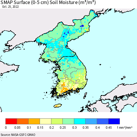 Korea SMAP Surface (0-5 cm) Soil Moisture (m³/m³) Thematic Map For 10/21/2022 - 10/25/2022