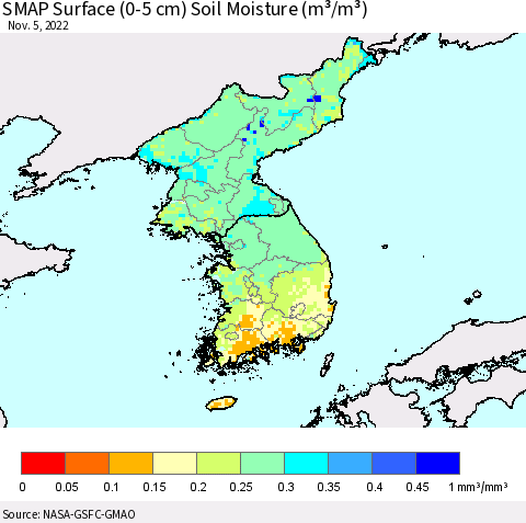 Korea SMAP Surface (0-5 cm) Soil Moisture (m³/m³) Thematic Map For 11/1/2022 - 11/5/2022
