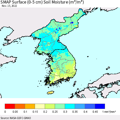 Korea SMAP Surface (0-5 cm) Soil Moisture (m³/m³) Thematic Map For 11/11/2022 - 11/15/2022