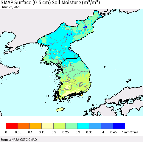 Korea SMAP Surface (0-5 cm) Soil Moisture (m³/m³) Thematic Map For 11/21/2022 - 11/25/2022