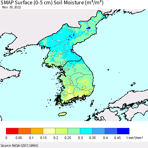 Korea SMAP Surface (0-5 cm) Soil Moisture (m³/m³) Thematic Map For 11/26/2022 - 11/30/2022