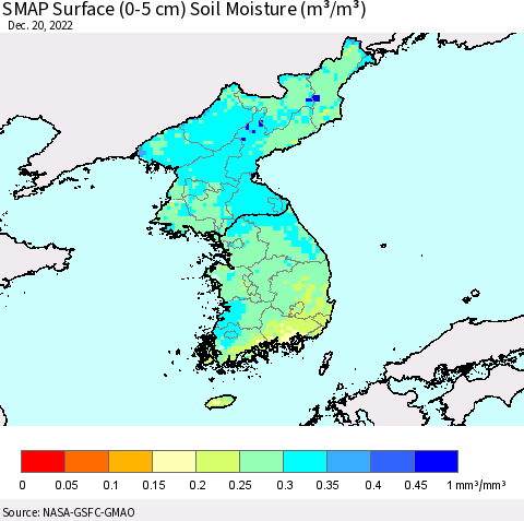Korea SMAP Surface (0-5 cm) Soil Moisture (m³/m³) Thematic Map For 12/16/2022 - 12/20/2022