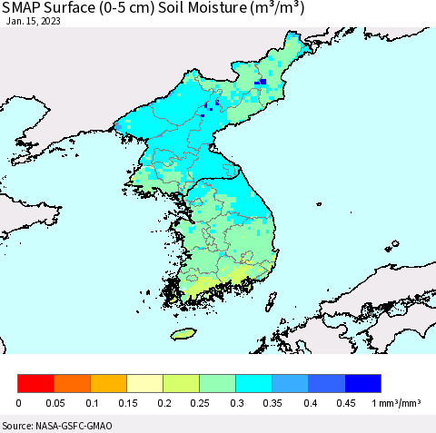 Korea SMAP Surface (0-5 cm) Soil Moisture (m³/m³) Thematic Map For 1/11/2023 - 1/15/2023