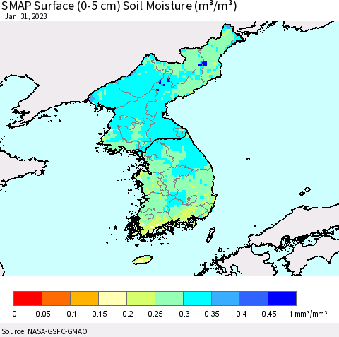 Korea SMAP Surface (0-5 cm) Soil Moisture (m³/m³) Thematic Map For 1/26/2023 - 1/31/2023