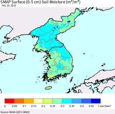 Korea SMAP Surface (0-5 cm) Soil Moisture (m³/m³) Thematic Map For 2/6/2023 - 2/10/2023