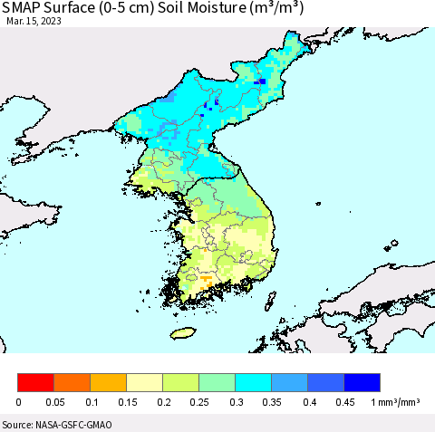 Korea SMAP Surface (0-5 cm) Soil Moisture (m³/m³) Thematic Map For 3/11/2023 - 3/15/2023
