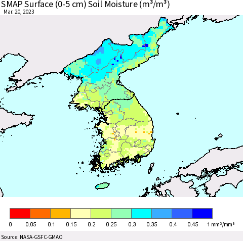 Korea SMAP Surface (0-5 cm) Soil Moisture (m³/m³) Thematic Map For 3/16/2023 - 3/20/2023
