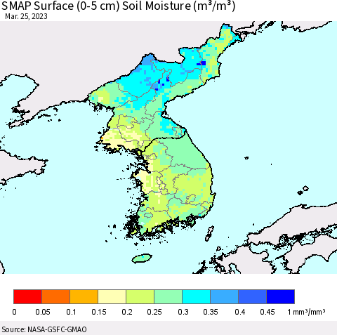 Korea SMAP Surface (0-5 cm) Soil Moisture (m³/m³) Thematic Map For 3/21/2023 - 3/25/2023