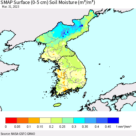 Korea SMAP Surface (0-5 cm) Soil Moisture (m³/m³) Thematic Map For 3/26/2023 - 3/31/2023