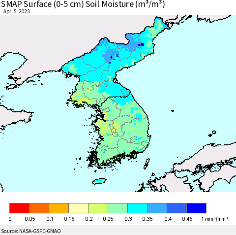 Korea SMAP Surface (0-5 cm) Soil Moisture (m³/m³) Thematic Map For 4/1/2023 - 4/5/2023