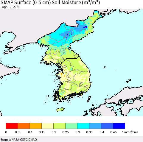 Korea SMAP Surface (0-5 cm) Soil Moisture (m³/m³) Thematic Map For 4/6/2023 - 4/10/2023