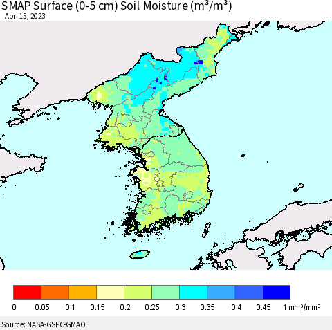 Korea SMAP Surface (0-5 cm) Soil Moisture (m³/m³) Thematic Map For 4/11/2023 - 4/15/2023