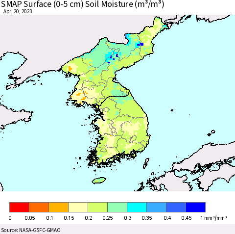 Korea SMAP Surface (0-5 cm) Soil Moisture (m³/m³) Thematic Map For 4/16/2023 - 4/20/2023