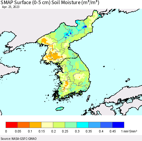Korea SMAP Surface (0-5 cm) Soil Moisture (m³/m³) Thematic Map For 4/21/2023 - 4/25/2023