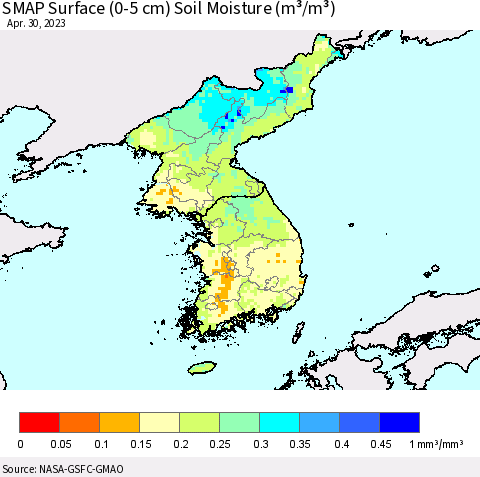 Korea SMAP Surface (0-5 cm) Soil Moisture (m³/m³) Thematic Map For 4/26/2023 - 4/30/2023
