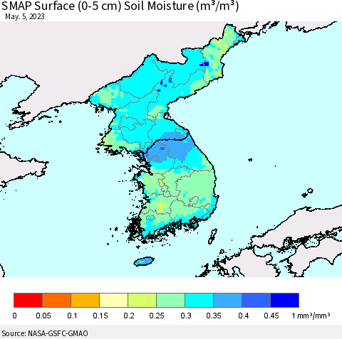 Korea SMAP Surface (0-5 cm) Soil Moisture (m³/m³) Thematic Map For 5/1/2023 - 5/5/2023