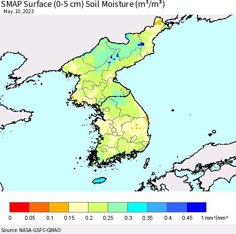 Korea SMAP Surface (0-5 cm) Soil Moisture (m³/m³) Thematic Map For 5/6/2023 - 5/10/2023