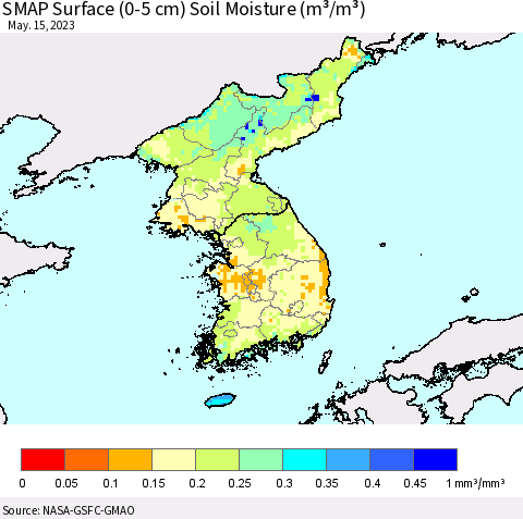 Korea SMAP Surface (0-5 cm) Soil Moisture (m³/m³) Thematic Map For 5/11/2023 - 5/15/2023