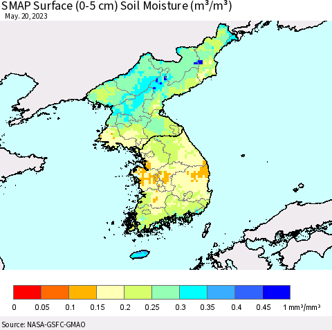 Korea SMAP Surface (0-5 cm) Soil Moisture (m³/m³) Thematic Map For 5/16/2023 - 5/20/2023