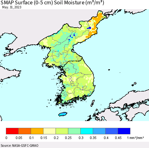 Korea SMAP Surface (0-5 cm) Soil Moisture (m³/m³) Thematic Map For 5/26/2023 - 5/31/2023
