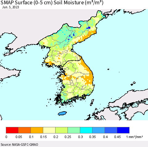 Korea SMAP Surface (0-5 cm) Soil Moisture (m³/m³) Thematic Map For 6/1/2023 - 6/5/2023