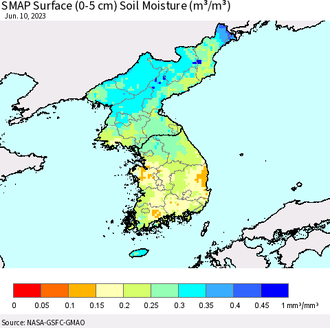 Korea SMAP Surface (0-5 cm) Soil Moisture (m³/m³) Thematic Map For 6/6/2023 - 6/10/2023