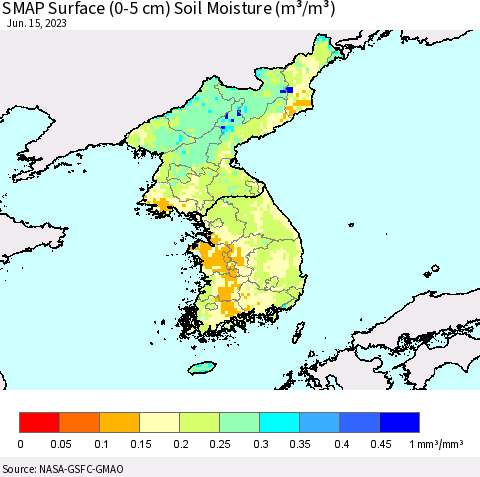 Korea SMAP Surface (0-5 cm) Soil Moisture (m³/m³) Thematic Map For 6/11/2023 - 6/15/2023