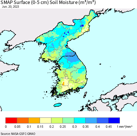 Korea SMAP Surface (0-5 cm) Soil Moisture (m³/m³) Thematic Map For 6/16/2023 - 6/20/2023