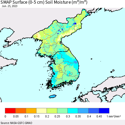 Korea SMAP Surface (0-5 cm) Soil Moisture (m³/m³) Thematic Map For 6/21/2023 - 6/25/2023