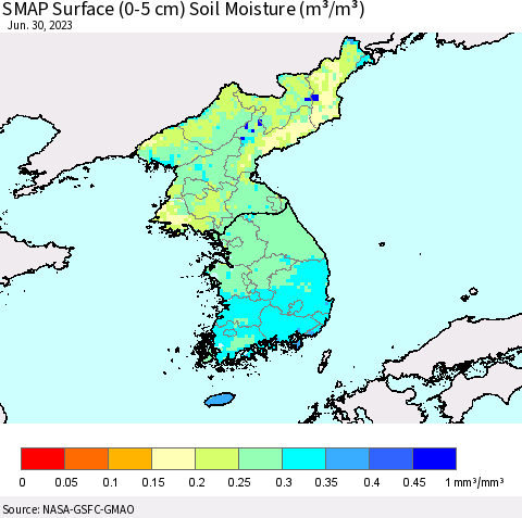 Korea SMAP Surface (0-5 cm) Soil Moisture (m³/m³) Thematic Map For 6/26/2023 - 6/30/2023