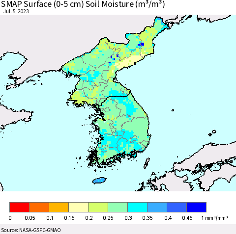 Korea SMAP Surface (0-5 cm) Soil Moisture (m³/m³) Thematic Map For 7/1/2023 - 7/5/2023
