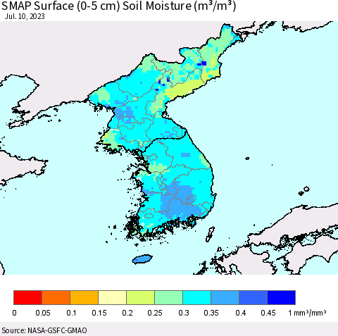 Korea SMAP Surface (0-5 cm) Soil Moisture (m³/m³) Thematic Map For 7/6/2023 - 7/10/2023