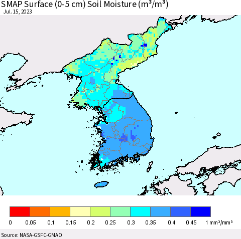 Korea SMAP Surface (0-5 cm) Soil Moisture (m³/m³) Thematic Map For 7/11/2023 - 7/15/2023