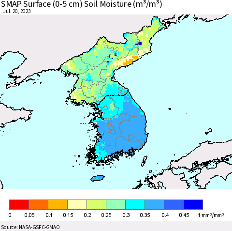 Korea SMAP Surface (0-5 cm) Soil Moisture (m³/m³) Thematic Map For 7/16/2023 - 7/20/2023